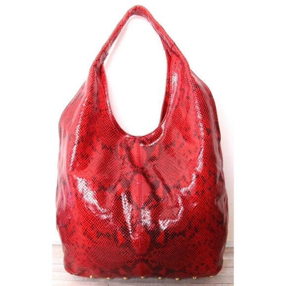 LRG WORTH NEW YORK STUDDED SNAKE PRINT RED GENUINE LEATHER SHOULDER BAG HANDBAG - Picture 1 of 12